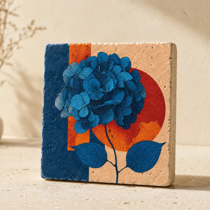 Hortensie im Farbkreis – Kleines Kunstwerk aus Travertin mit blauer Hortensienblüte vor geometrischen Formen in Orange und Rot, UV-Direktdruck, 10x10 cm