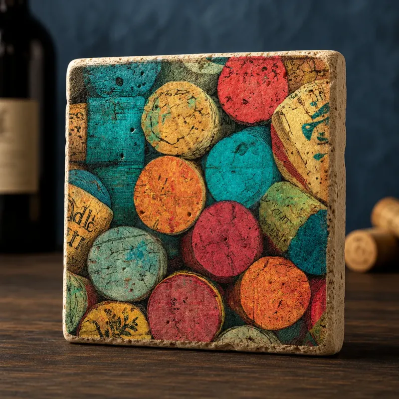 Korkenmeer – Kleines Kunstwerk aus Travertin mit buntem Weinkorken-Motiv in Petrol, Bordeauxrot, Orange und Ockergelb, UV-Direktdruck, 10x10 cm