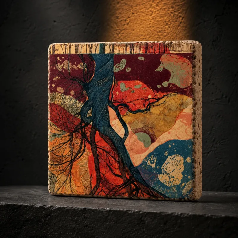 Wurzeln des Weins – Kleines Kunstwerk aus Travertin mit abstraktem Wurzelmotiv in Weinrot, Korallrot und Ockertönen, UV-Direktdruck, 10x10 cm