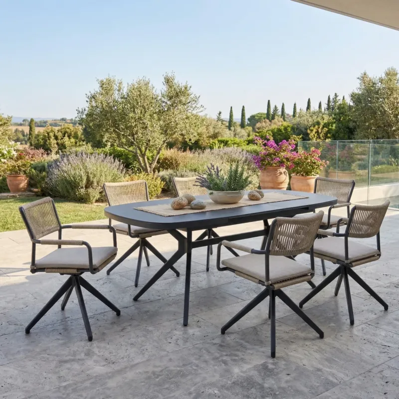 SUMMER SALE ☀️⛱️🏝️ PREMIUM! Essgruppe CORDA Drehsessel & AURORA Nero Design Ausziehtisch