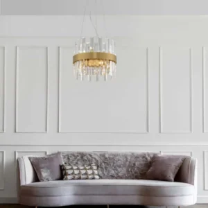 Crown Pendelleuchte 5-flammig Ø 35cm Gold-Satiniert mit Kristallen für elegante Raumbeleuchtung im Wohnzimmer