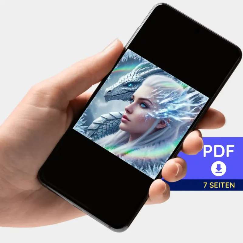 Digitale PDF-Bildmappe Dragon Queen für Diamond Painting und Malen nach Zahlen auf einem Smartphone präsentiert