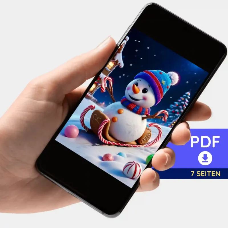 Digitale PDF-Bildmappe für Diamond Painting Motiv Sweet Schlittenfahrt mit Schneemann auf dem Smartphone