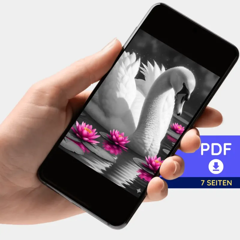 Digitale PDF Bildmappe für Diamond Painting oder Malen nach Zahlen mit Schwan im Seerosensee Motiv auf Smartphone