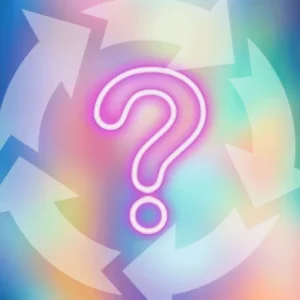 Mystery Diamond Painting Set im Abo mit leuchtendem Fragezeichen auf buntem, abstraktem Hintergrund