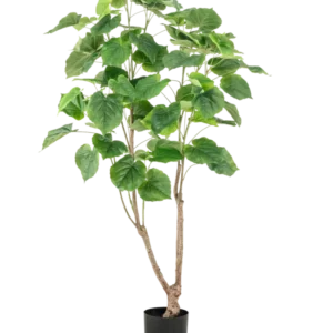 Die Kunstpflanze Ficus 150 cm hat mehrere schlanke braune Stängel und große, breite grüne Blätter, präsentiert in einem hohen Topf vor einem schlichten weißen Hintergrund.