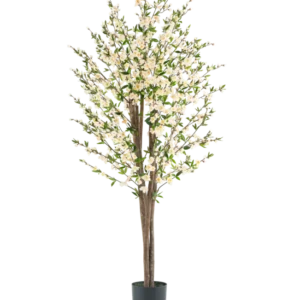 Die künstliche Kirschblütenpflanze 180 cm cremefarben hat mehrere braune Stängel, grüne Blätter und viele kleine weiße Blüten in einem schwarzen Topf vor einem schlichten weißen Hintergrund.