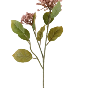 Kunstblume Hortensie 55 cm lila, mit Büscheln kleiner, lila Knospen und grünen Blättern an langen, schlanken braungrünen Stielen, dargestellt auf weißem Hintergrund.