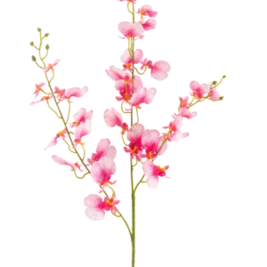Die künstliche Blumenorchidee 98 cm rosa hat einen einzelnen Stiel mit mehreren Zweigen leuchtend rosa Orchideenblüten, zarten Blütenblättern und grünen Knospen vor einem schlichten weißen Hintergrund.