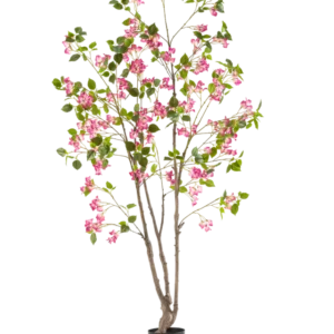 Die künstliche Bougainvillea 180 cm ist eine hohe Kunstpflanze mit mehreren braunen Stielen, grünen Blättern und leuchtend rosa Blüten in einem schwarzen Topf vor einem schlichten weißen Hintergrund.