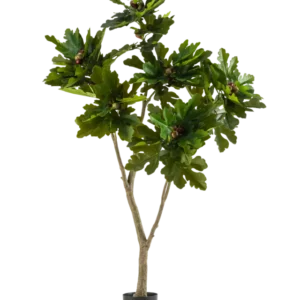 Die Kunstpflanze Ficus Carica Feigenbaum 180 cm ist eine Kunstpflanze in einem Topf mit breiten, glänzend grünen Blättern und kleinen braunen Früchten, die einem Feigenbaum ähneln, vor einem weißen Hintergrund.