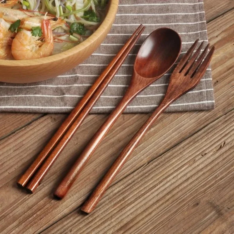 Eco-Friendly Wooden Cutlery Set - Portable Spoon, Fork & Chopsticks with Unique Design 0