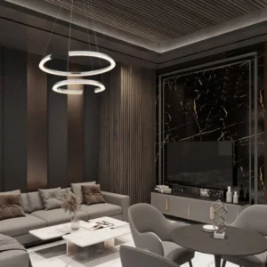 Elmo LED Pendelleuchte 2-flammig Ø 63cm 3500K Chrom in modernem Wohn- und Esszimmer über Sofa und Tisch