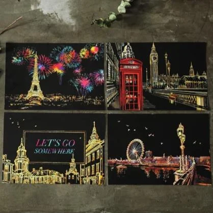 4er Set Scratch Painting mit bunten Europa Stadt- skylines wie Paris und London für DIY Bastel-Fans