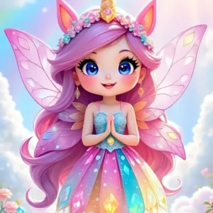 Diamond Painting Set mit bunter Einhorn-Fee im Wolkenreich, verziert mit glitzernden Steinen in Regenbogenfarben.
