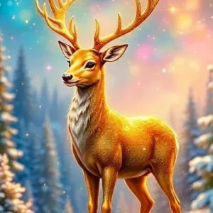 Diamond Painting Set eines majestätischen goldenen Hirschs in einer magischen, glitzernden Schneelandschaft im Winterwald.