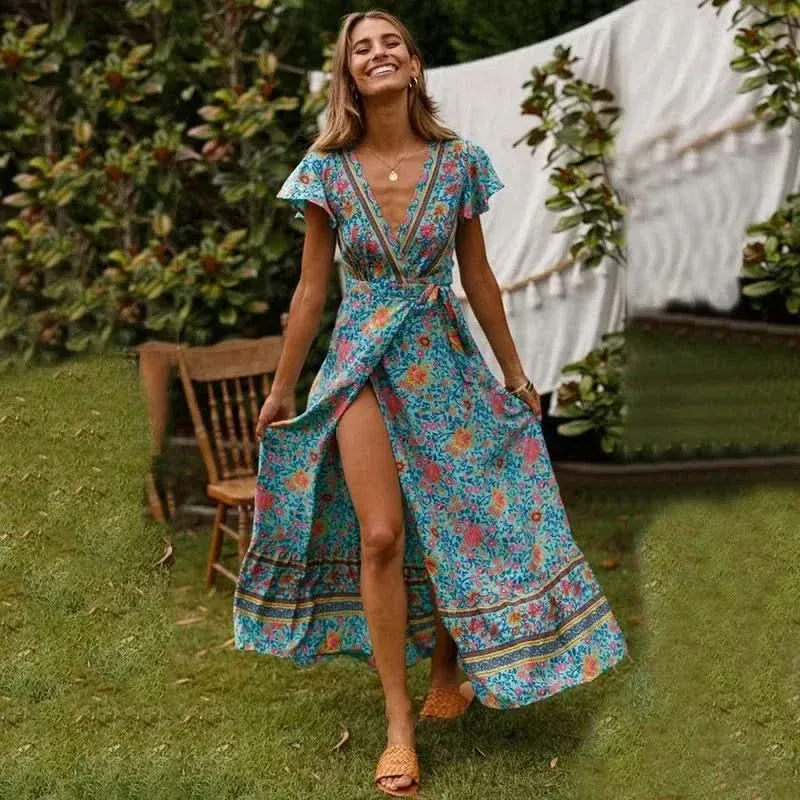 Happie Queens - Floral Print Bohemian Maxi Dress with Bat Sleeves 0