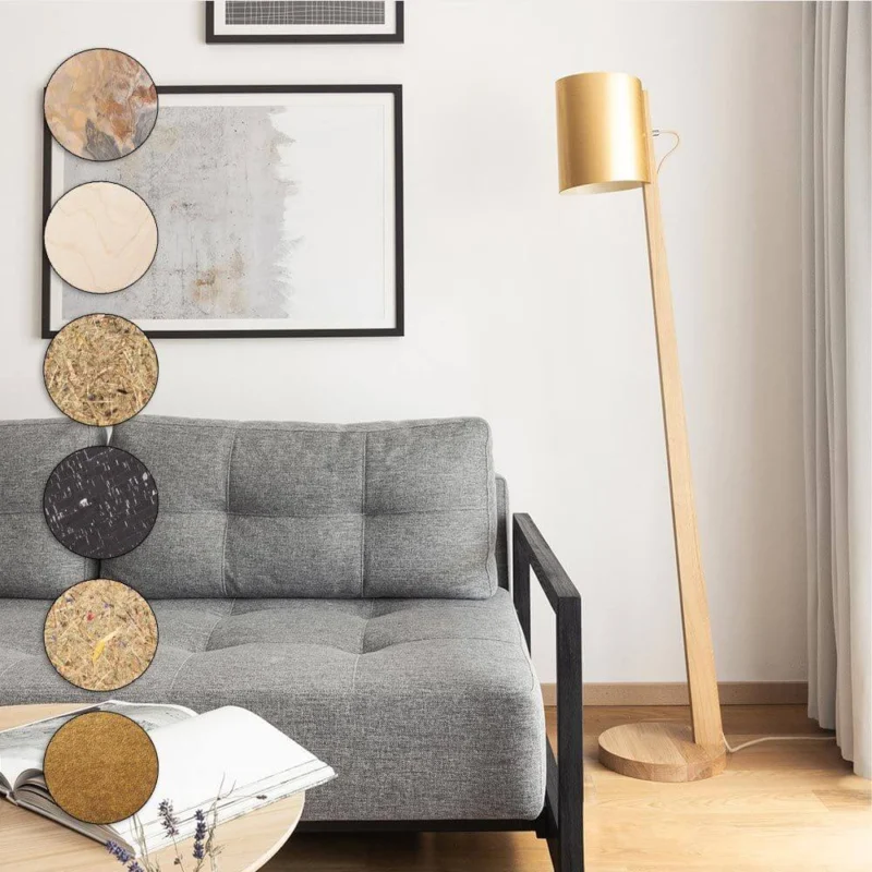 Holz Stehlampe mit Schirm Zylindrisch 167cm in modernem Wohnzimmer mit verschiedenen Materialvarianten.