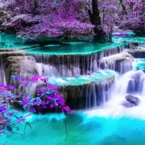 Diamond Painting XXL Wasserfall Landschaft mit bunten Bäumen und türkisem Wasser in lebendigen Farben