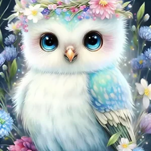 Diamond Painting Set mit niedlicher Eule im bunten Blumenmeer in zarten Farben als kreatives DIY-Projekt.