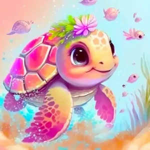 Diamond Painting Set für Kinder mit süßer Schildkröte Trudi, bunten Blumen und Fischen in einer Unterwasserwelt.