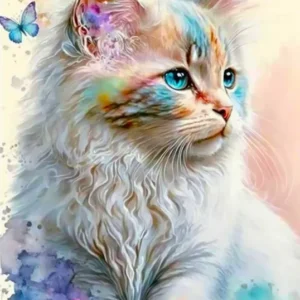 Diamond Painting Set Zartes Kätzchen mit Schmetterling in bunten Aquarellfarben auf einer 30x45cm Leinwand