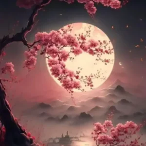 Diamond Painting Leuchtbild mit Kirschblüten vor großem Vollmond in einer nächtlichen Berglandschaft mit Leuchtsteinen.