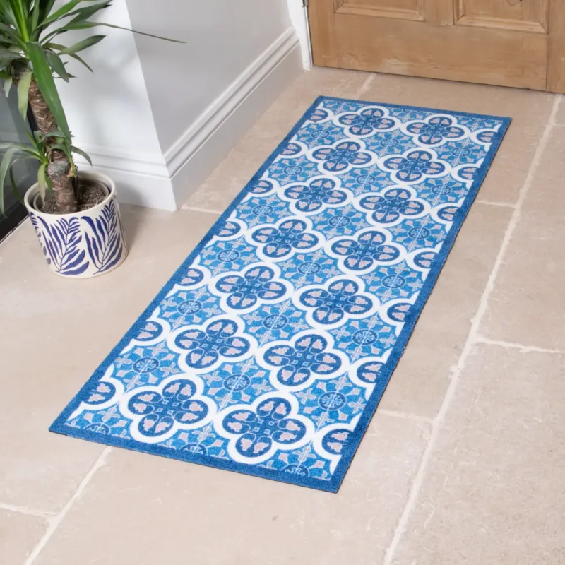Blue Mosaic Tile Indoor Washable Runner 150x60cm