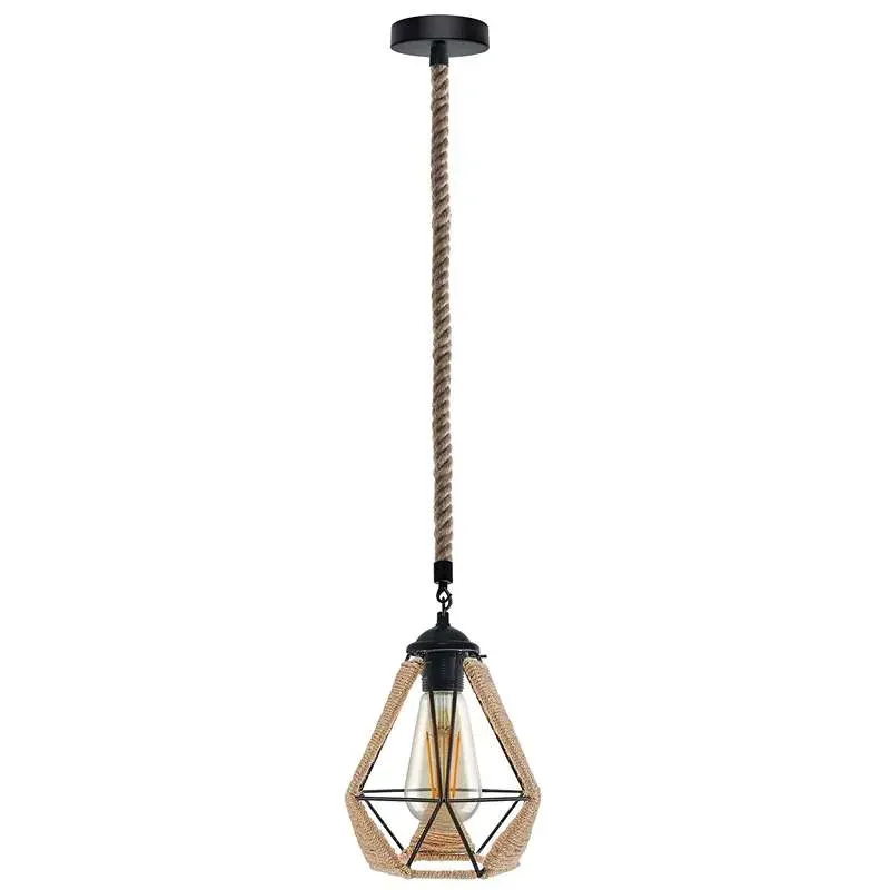 Industrielle Pendelleuchte–Hanfseil & schwarzer Metallkäfig