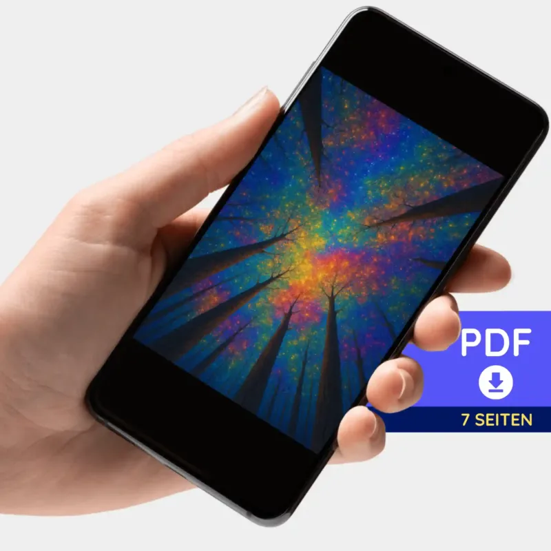 Digitale PDF-Bildmappe für Diamond Painting Regenbogenwald Motiv auf einem Smartphone zur Ansicht präsentiert