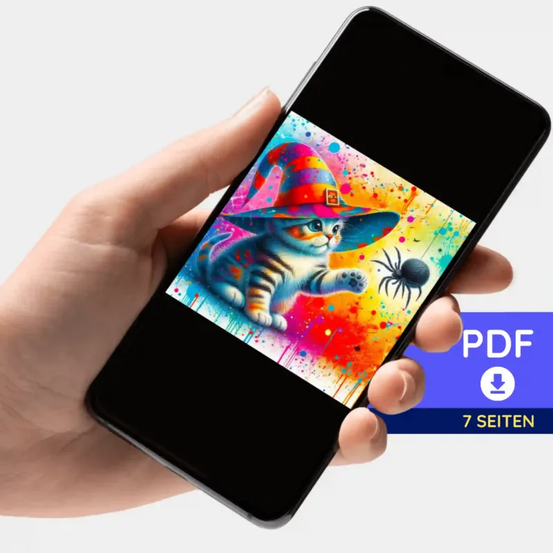 Smartphone mit digitaler PDF-Bildmappe für Diamond Painting Motiv Kitty Cat die Zauberkatze mit bunter Katze und Spinne