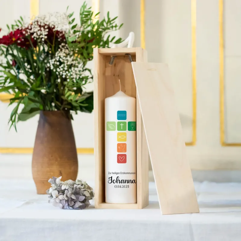 Kommunionskerze Regenbogen Symbole | Verschiedene Farben | 15 - 40 cm Höhe | Personalisierte Kerze | Katholisch | Jungen und Mädchen