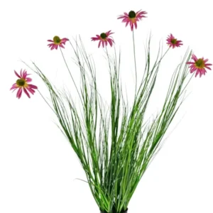 Die feuerhemmende Kunstrasenpflanze Chrysantheme 100 cm ist eine Topfpflanze mit langen grünen Blättern und langen Stielen, die mit leuchtend rosa, gänseblümchenähnlichen Blüten gekrönt sind, vor einem weißen Hintergrund.