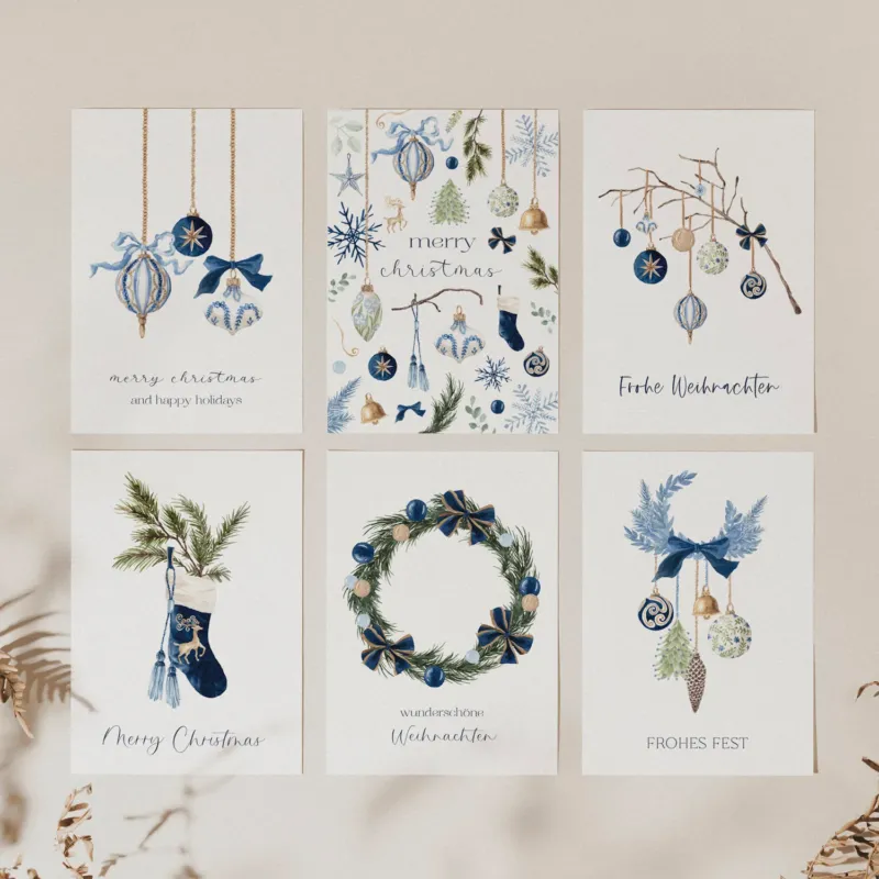 6er Set Weihnachtskarten A6 auf Strukturpapier - blau