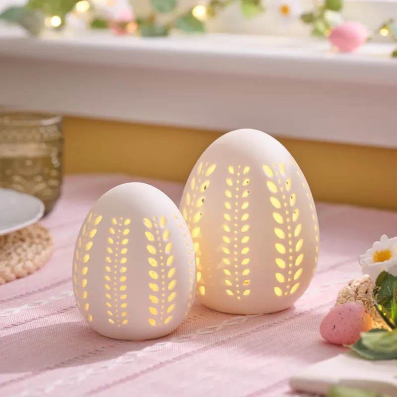 2er Set LED-Porzellan-Eier mit Timer warmweiß