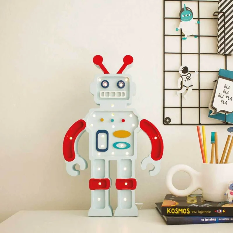 Kinder Wand- & Tischleuchte Roboter in einer modernen Umgebung mit Leuchtknöpfen.