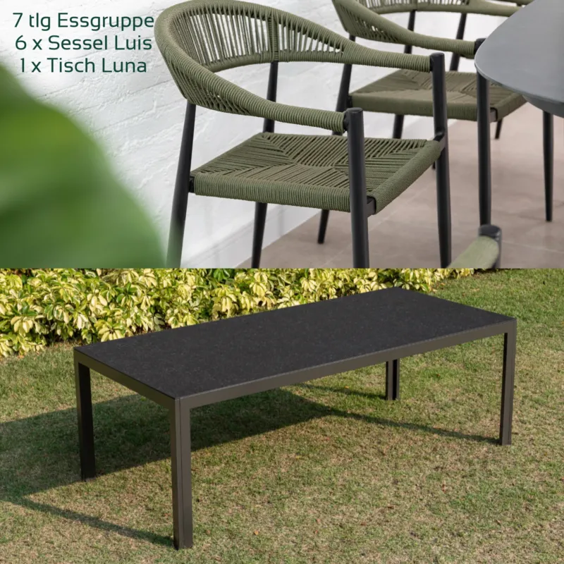 SUMMER SALE ☀️⛱️🏝️ 7 tlg. Alu / Polyrope Cord Essgruppe Luis grün + Luna - bestehend aus: 6x Luis Stapelsessel + Luna Tisch 220x100x74 cm