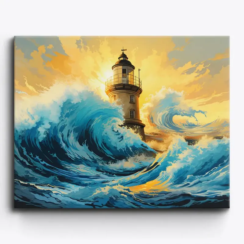 Malen nach Zahlen für Erwachsene: Leuchtturm im stürmischen Meer bei Sonnenuntergang als kreatives DIY-Bastelset