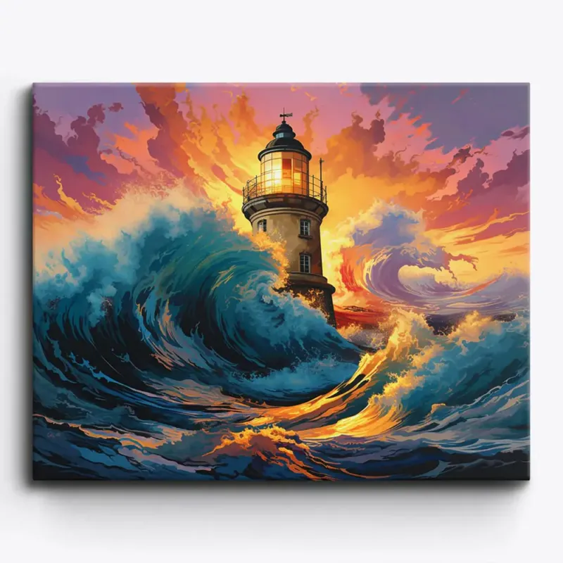 Malen nach Zahlen für Erwachsene: Leuchtturm bei Sturm mit dramatischem Sonnenuntergang und hohen Meereswellen.