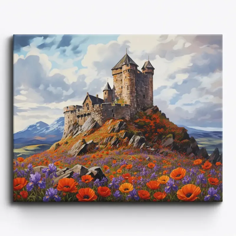 Malen nach Zahlen für Erwachsene: Mittelalterliche Burg umgeben von einem leuchtenden Blütenmeer aus Mohn und Schwertlilien.