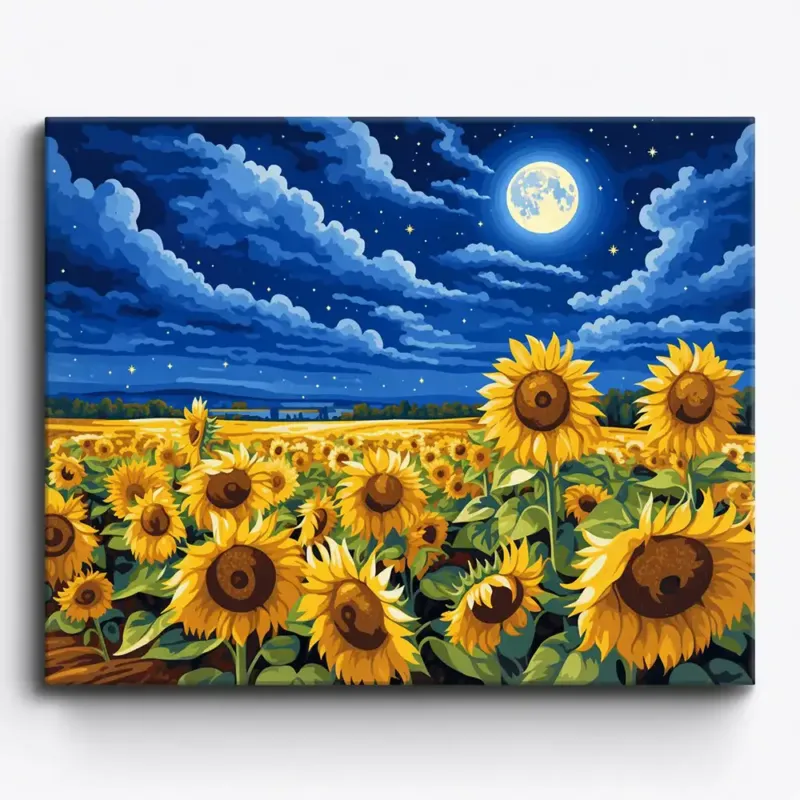 Malen nach Zahlen für Erwachsene: Sonnenblumenfeld in einer nächtlichen Landschaft mit Vollmond und blauem Sternenhimmel.