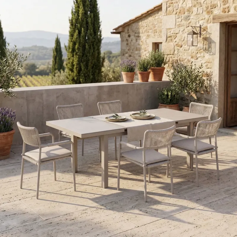 SUMMER SALE ☀️⛱️🏝️ 13 tlg. Premium Essgruppe Madri / 6x Stapelsessel & Sintered Stone Ausziehtisch