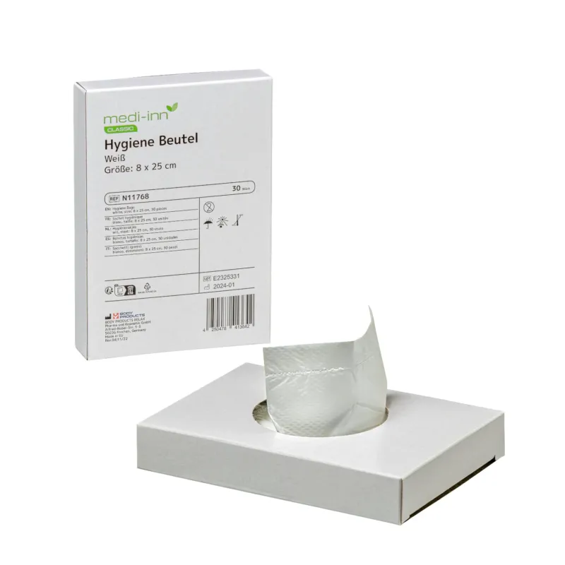 Medi-Inn Hygiene Beutel N11768, weiße Spenderbox mit Hygienebeuteln, Größe 8 x 25 cm, 30 Stück