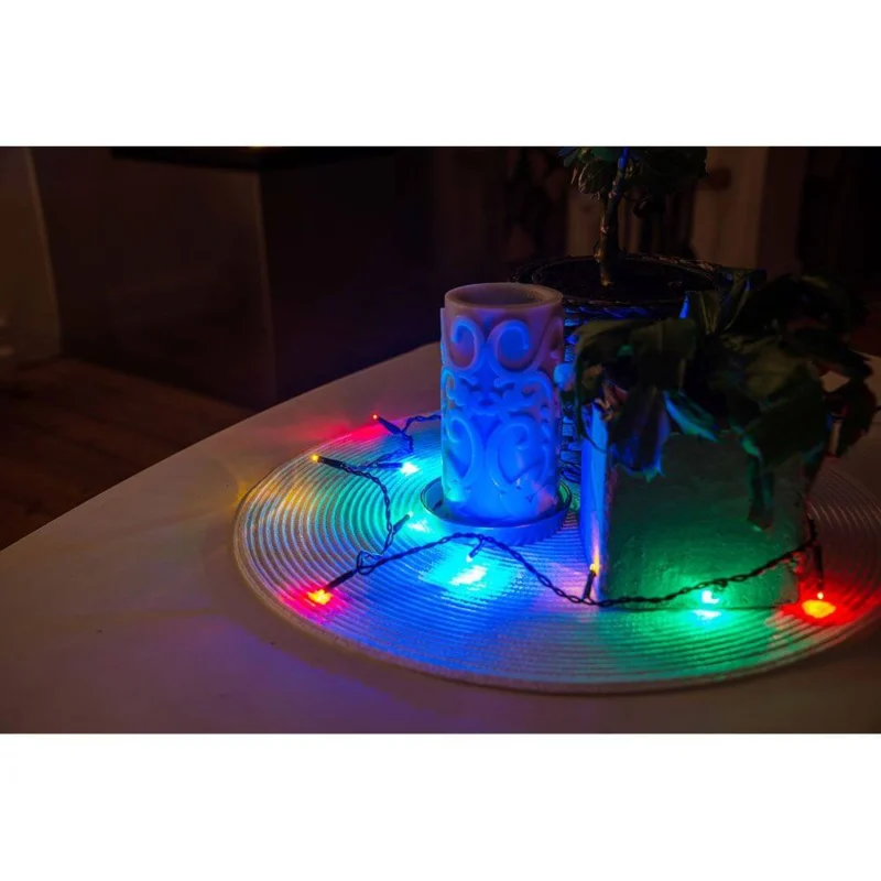 5m Micro LED Lichterkette 10 bunte Dioden dekoriert mit Pflanzen und Kerze auf einem Tisch.