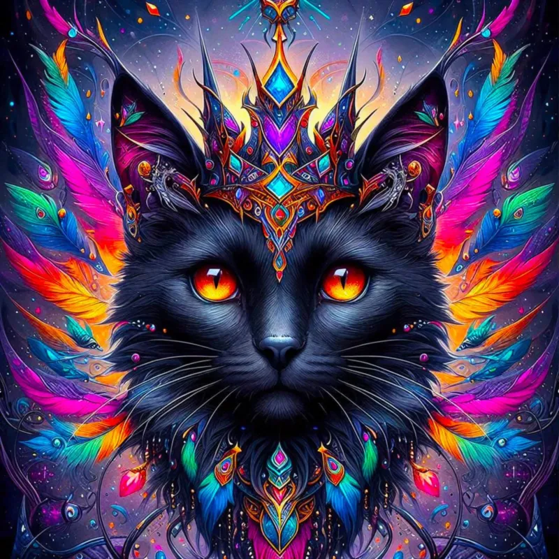 Diamond Painting Set Mystic Colorsplash Cat mit schwarzer Katze, bunten Federn und funkelnden Schmucksteinen im Fantasy-Look