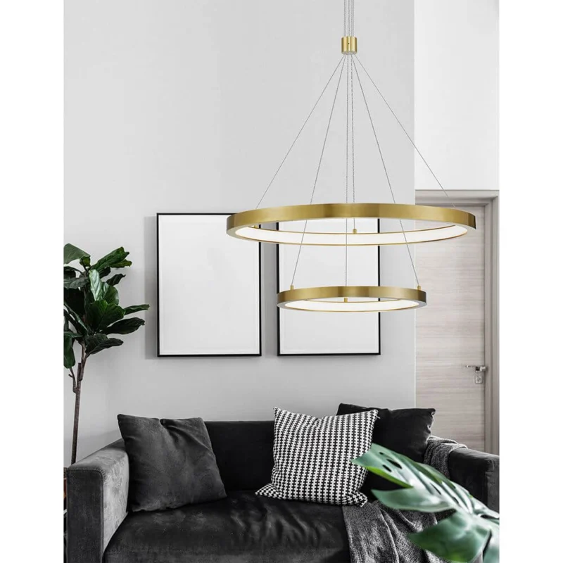 Empatia LED Hängeleuchte Ø 60cm 2 Ringe goldene Aluminiumringe über Sofa im Wohnzimmer, integrierte 60W LED warmweiß 3000K