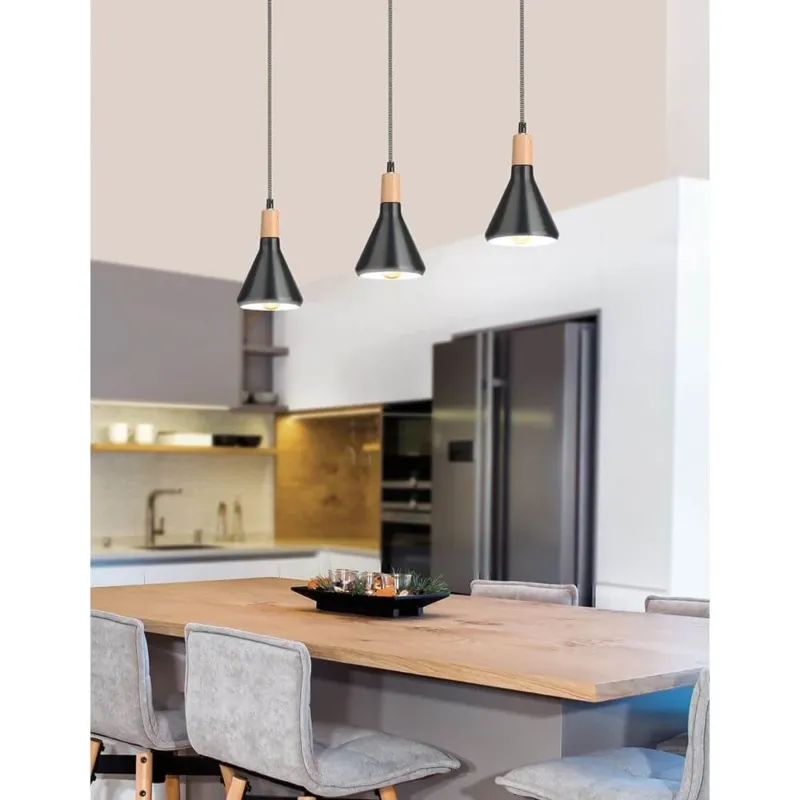 Venanzio Pendelleuchte Naturholz, Metall: minimalistische Pendelleuchte mit mattweißem Metall und Holzdetail über dem Esstisch