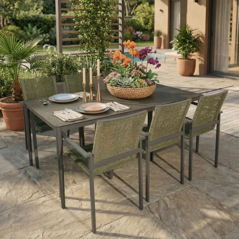 SUMMER SALE ☀️⛱️🏝️ Gartenmöbel Set ZOE / 6x Stapelsessel in Grün & 1x Palermo Tisch 180 × 90 × 76,5 cm