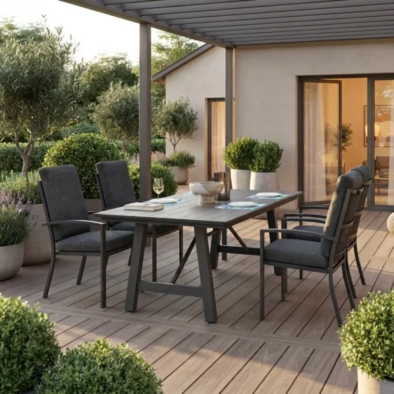 SUMMER SALE ☀️⛱️🏝️ Gartenmöbel-Set „Phönix & Neapel“ – Aluminium-Diningtisch mit 4 Dining Sesseln