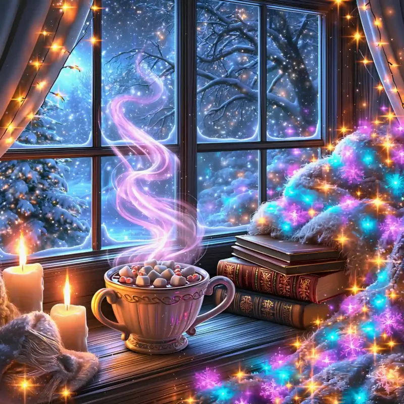 Diamond Painting Set Weihnachtszauber mit dampfender Tasse, Büchern und verschneitem Winterfenster in magischem Licht